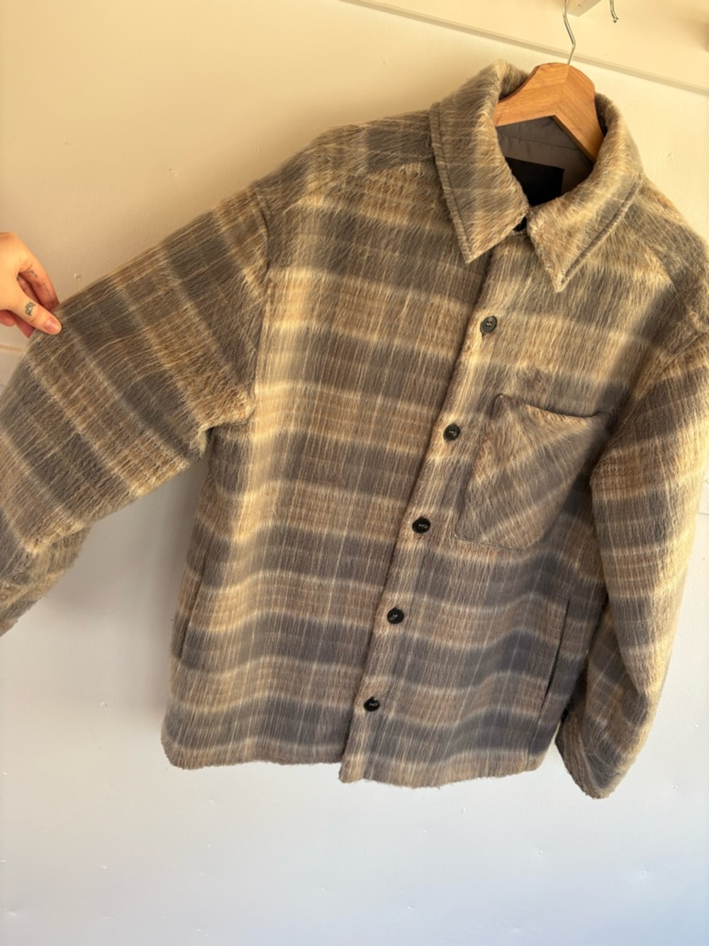 OAK + FORT Plaid Shirt Jacket in Taupe and Gray